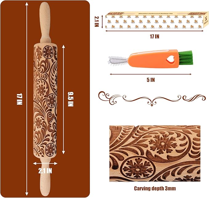 17" Premium Wooden Rolling Pins for Baking with European Embossed Designs | 3mm Deep Springerle Cookie Molds | Christmas Rolling Pin & Baking Gifts for Women | Includes 3-in-1 Cleaning Brush