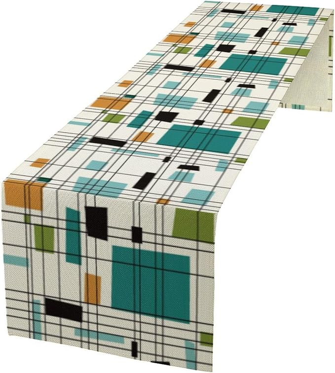 Mid Century Table Runner, 1970s Modern Geometric Pattern Contemporary Style Table Runner Country Farmhouse Cottage Linen Table Decoration for Home Kitchen Dining,13x90 Inch