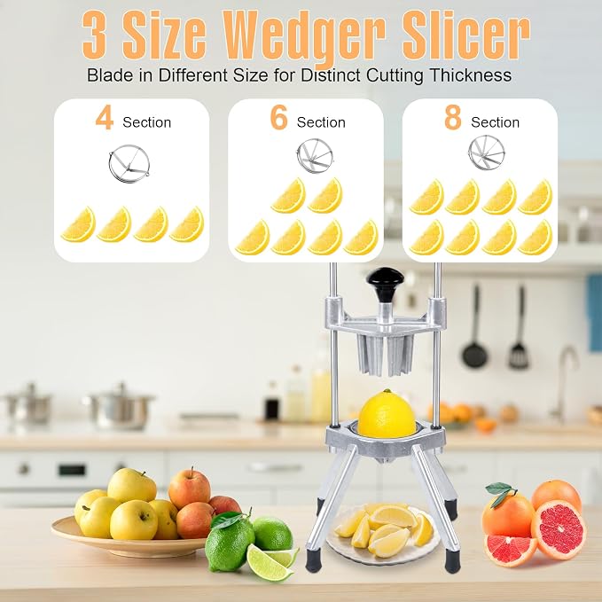Commercial Lemon Cutter, 4/6/8-Section Stainless Steel Fruit Slicer with Blade, Heavy Duty Cast Aluminum, Non-Slip Base, Easy Clean Citrus Cutter for Bar, Restaurant & Home Kitchen