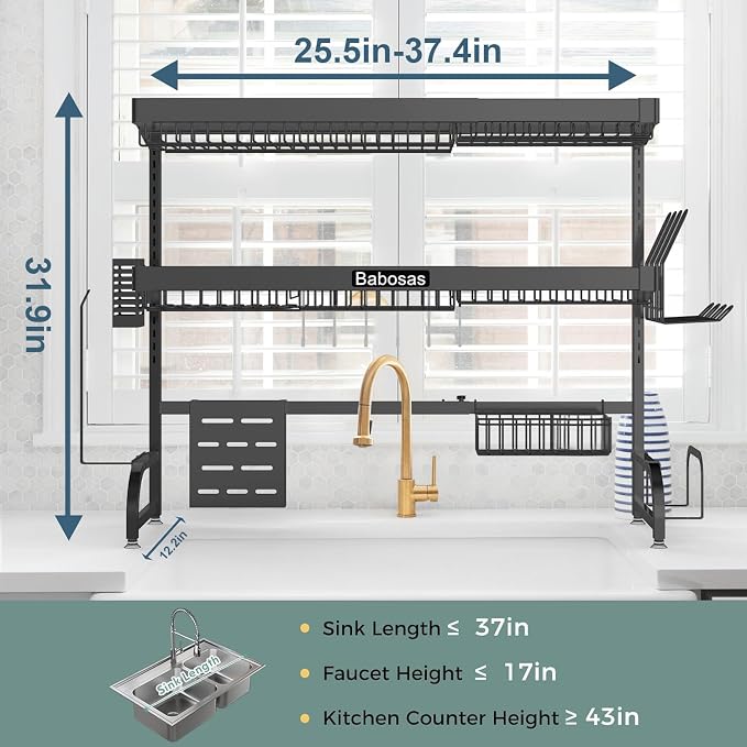 Over The Sink Dish Drying Rack,3 Tier Adjustable Length (25.5'' to 37.4'') Full Stainless Steel Large Storage Kitchen Dish Rack,for Kitchen Counter,Expandable Multifunctional Organizers,Black