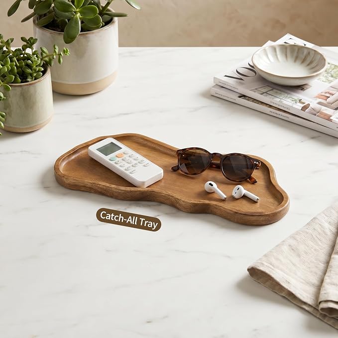 Small Wooden Tray | Acacia Wood Tray for Vanity, Bathroom Counter, Coffee Table & Toilet | Perfect for Jewelry, Remote, Perfumes & Catch All | Mini Charcuterie Board Serving Platter (Footprint Shape)