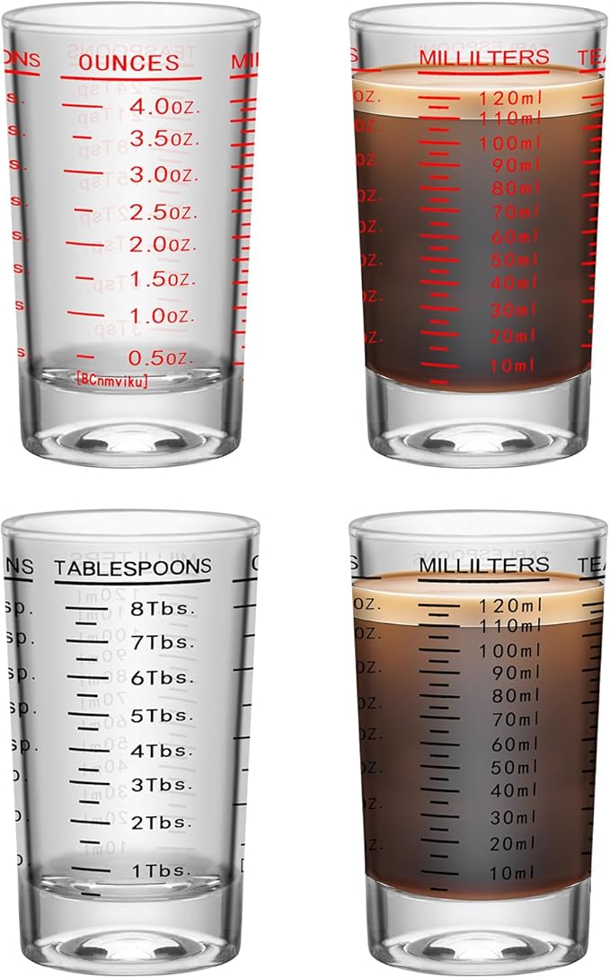 4Pcs Shot Glass Measuring Cup, 4 Ounce Heavy Base Jigger, Espresso Shot Glasses, Liquid Cup, Round Shot Glasses, Small Cups for Vodka, Whiskey, Tequila, Espresso, Liquor (4, Black & Red)