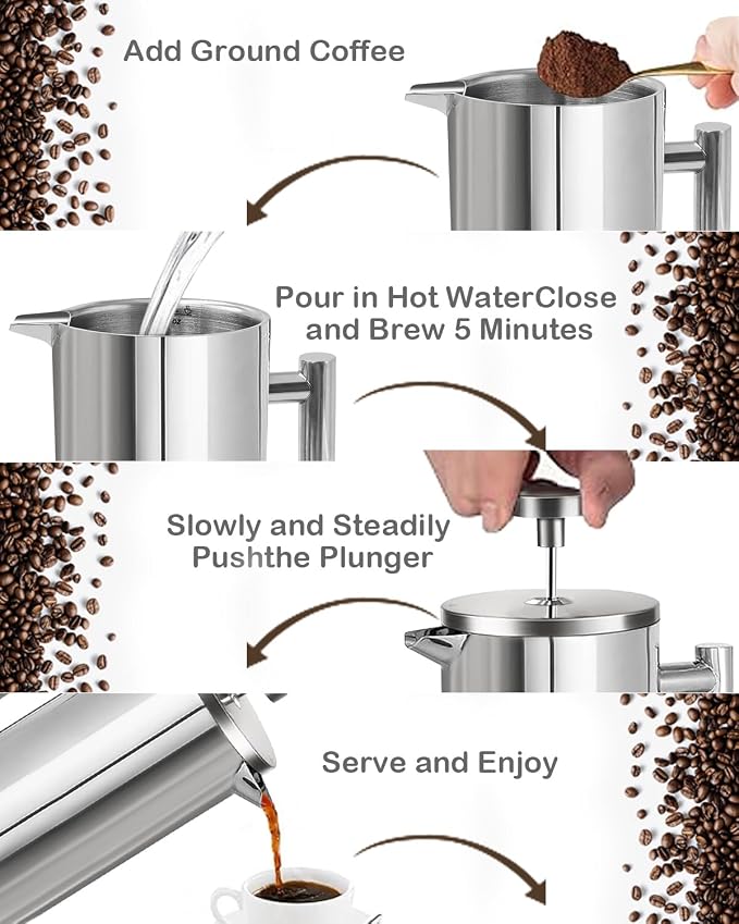 French Press Coffee Maker, Stainless Steel Coffee Press with scale lines (Silver, 17 OZ)