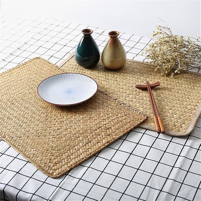 Natural Woven Rattan Rectangular Placemats Seagrass Place Mats for Dining Table, 18x12inches Set of 4