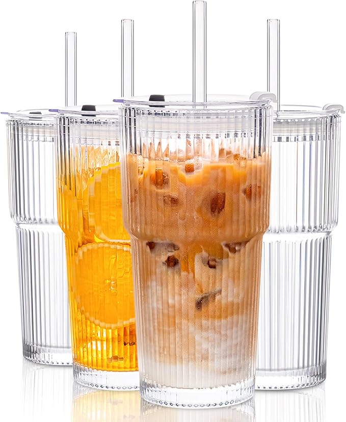 KEMORELA 4-Pack 20 oz Ribbed Glass Tumblers with Lids and Glass Straws – Vintage Iced Coffee Cups, Reusable Smoothie & Cocktail Drinking Glasses, Clear Glassware for Home or Cafe