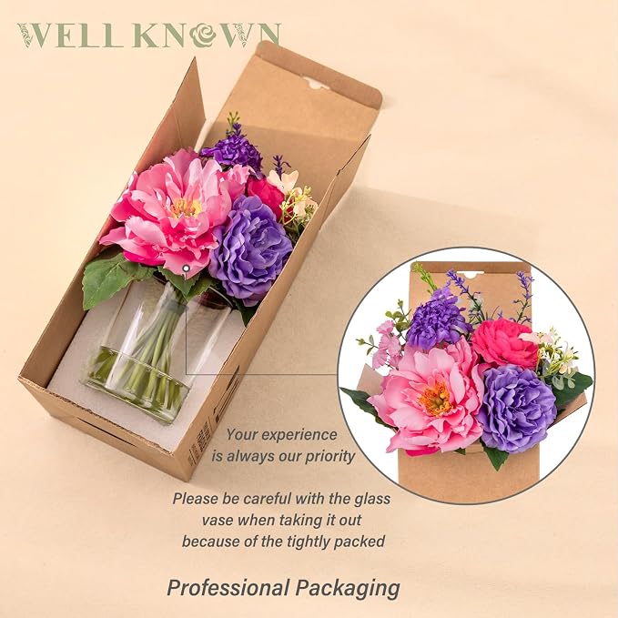 WELL KNOWN Artificial Flowers in Vase with Fake Water, Pink & Purple Silk Flowers Fake Ranunculus Peonies Lilac Bouquet for Home Wedding Party Dining Table Baby Shower Decor & Birthday Gift (Violet)