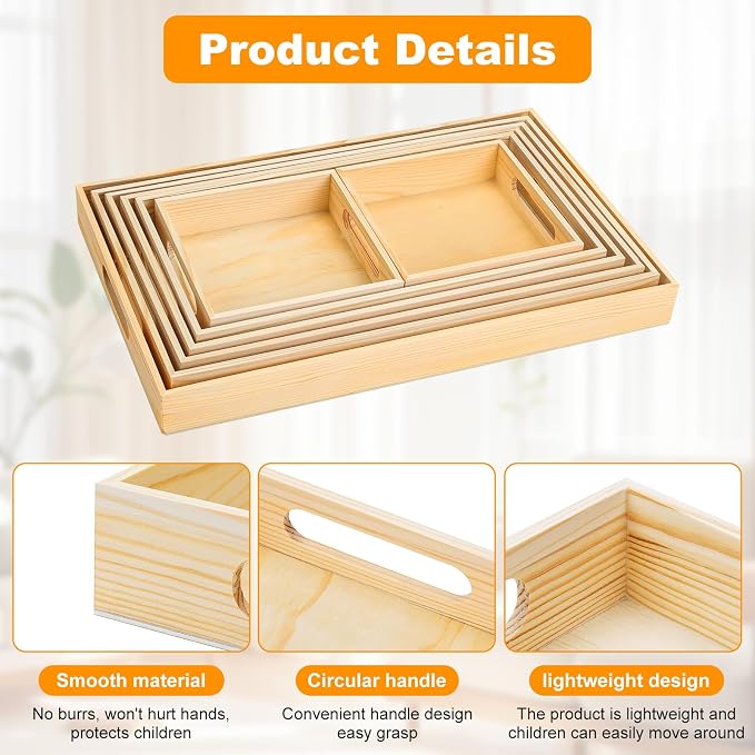 PONGJA Wooden Serving Trays with Handle - 7 Pieces Unfinished Wood Nested Breakfast Food Serving Trays for Craft Kids Montessori Snacks Home Decor Kitchen Party Dinner