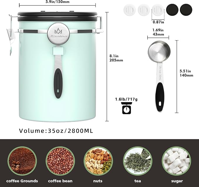 38OZ Coffee Canister for ground coffee with Date Tracker,Mint Green 304 Stainless Steel Kitchen Food Airtight storage container for Coffee Beans or Grounds, Tea, Sugar