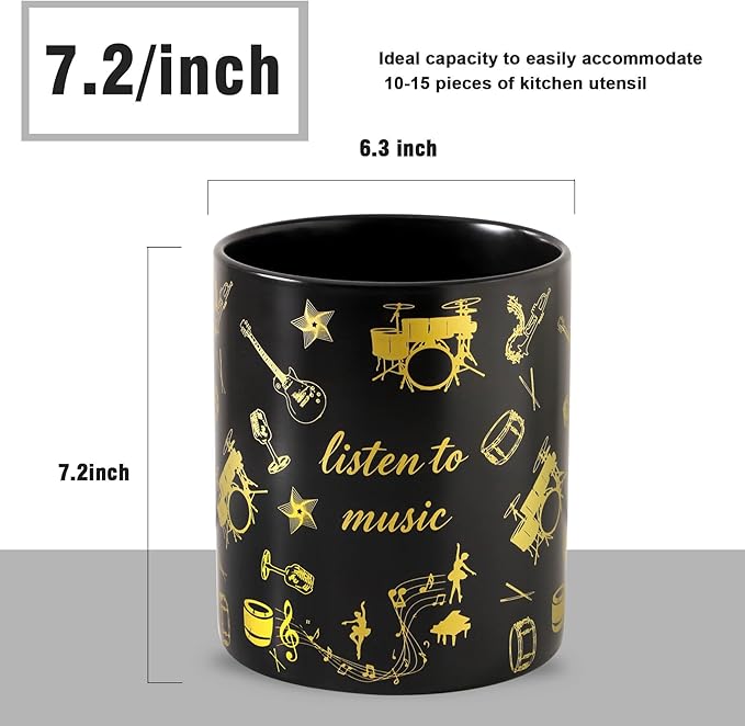 7" Music Utensil Holder, Large Kitchen Utensil Holder Organizer , Black Stable Utensil Crock Spatula Holder for Kitchen Counter Countertop Farmhouse Cooking Tools Holder（Black
