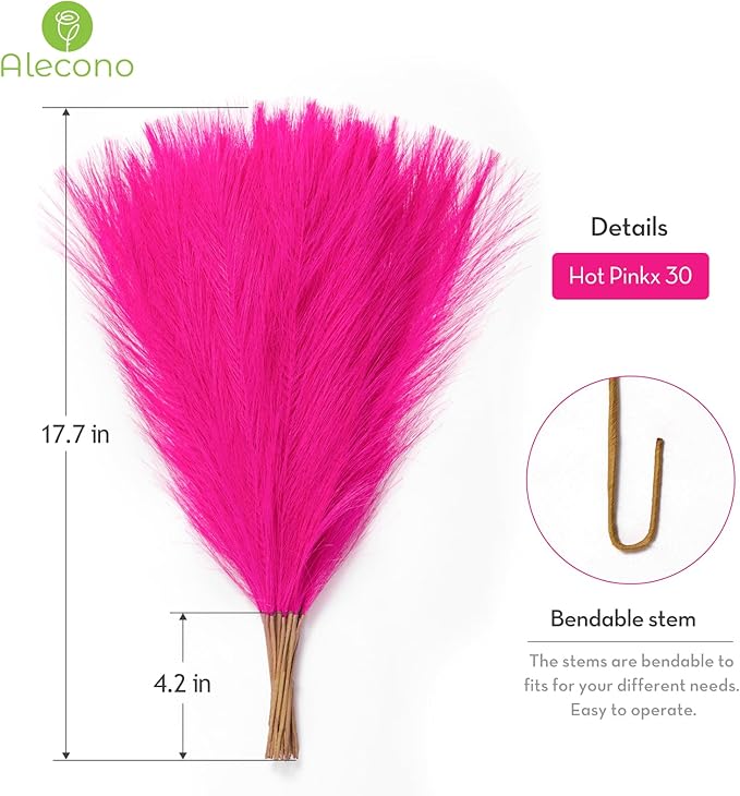 Alecono Hot Pink Pampas Grass 17in 𝟯𝟬𝙋𝙘𝙨, Artificial Faux Fluffy Pampas Grass Decor for Home Wedding Centerpieces Party
