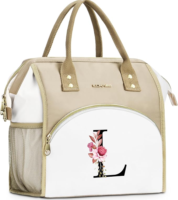 Initial Lunch Bag Women, Cooler Insulated Lunch Box for Girl, Large Adult Leakproof Lunch Box for Picnic Work, Personalized Tote Bag, Birthday Gifts/Teacher Gifts, Letter L.