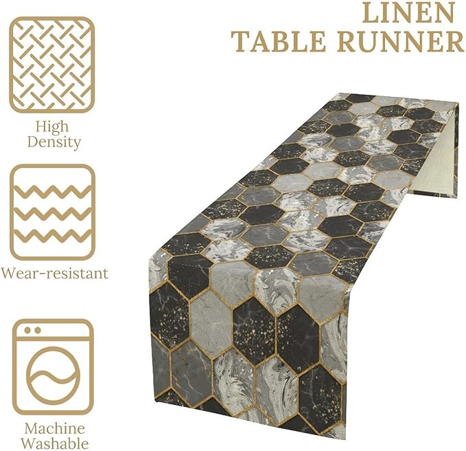 Marble Table Runner, Grey Black and Gold Abstract Geometry Hexagon Modern Luxury Texture Printed Linen Table Runners for Home Farmhouse Kitchen Dining Room Party Holiday Decor 13" W x 120" L