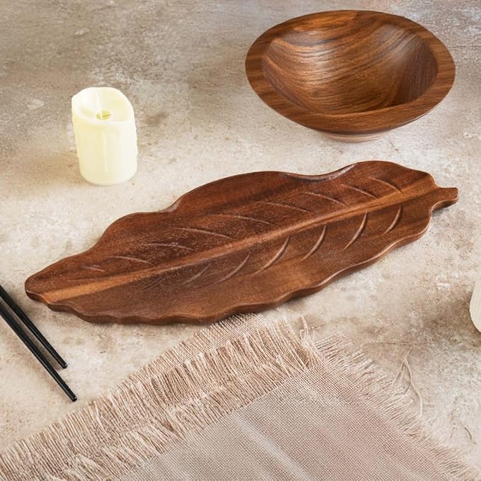 Wooden Serving Tray - Decorative Charcuterie Board with Leaf Design, Premium Acacia Wood Cheese & Fruit Platter, Kitchen Table Centerpiece & Rustic Home Decor