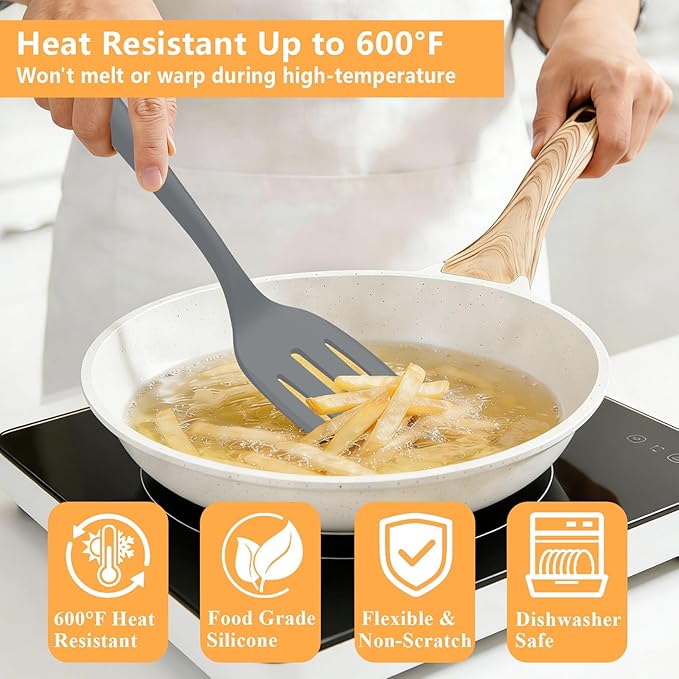 Silicone Spatula Turner Set, 600°F High Heat Resistant Spatulas for Cooking, BPA Free, Large Flexible Kitchen Utensils Flipping Eggs, Pancakes, Fish, Burgers, Dishwasher Safe (4 Pack, Gray)