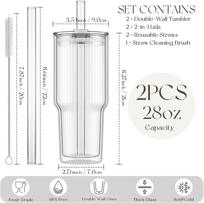 KEMORELA 28 oz Double Wall Glass Tumblers Set of 2, Extra-Wide 13mm Reusable Drinking Straws, Boba Tumbler, Wide-Mouth Water Cups for Iced Coffee, Smoothies, Boba & Tea Lovers (Ribbed)