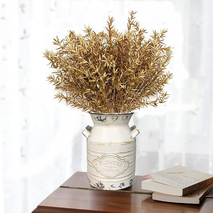 CATTREE Christmas Artificial Plants, Plastic Grass Faux Shrubs Fake Leaves Simulation Sharp Bushes Home Indoor Outdoor Garden Wedding Festival Decoration Hall Table Planter Filler – Gold 4 Pack
