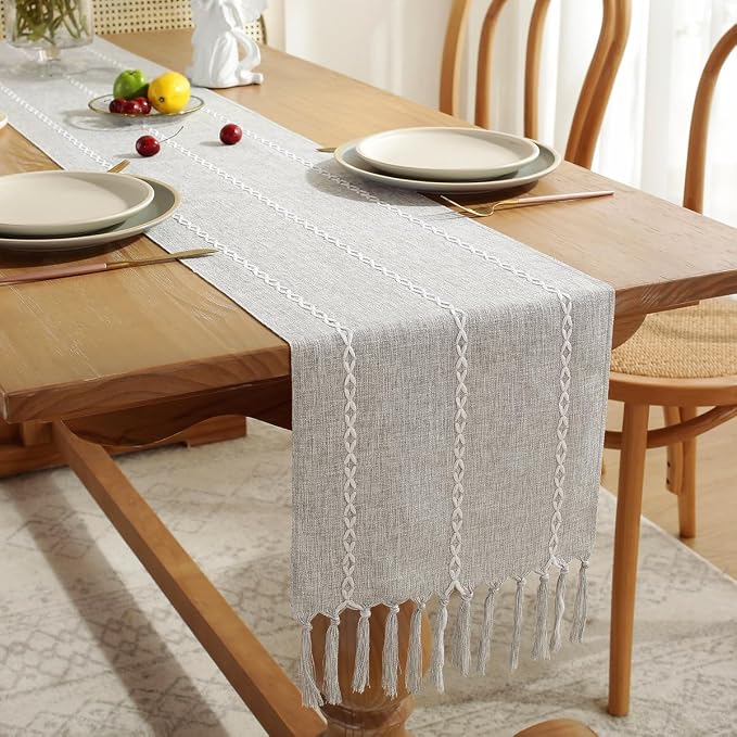 Wracra Rustic Linen Table Runner Farmhouse Style Table Runners 108 inches Long Embroidered Table Runner with Hand-Tassels for Party, Dresser Decor and Dining Room Decorations (Light Grey, 13"×108")