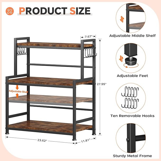 23.6"W Large Kitchen Countertop Organizer,3 Tier Spice Rack Organizer with Adjustable Shelf and 10 Hooks,Wooden Counter Organizer,Space Saving Countertop Shelf Microwave Stand for Kitchen,Coffee Bar