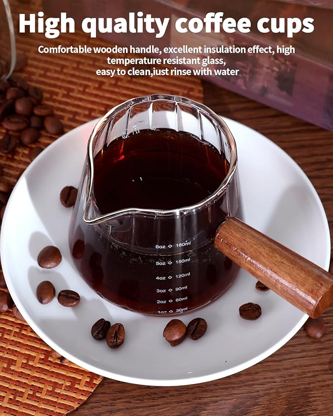 4 PCS 6 Oz Espresso Shot Cups - Espresso Shot Glass with Wood Handle, Clear Borosilicate Glass Measuring Cup with Double Graduations, V-Shaped Mouth, Espresso Accessories