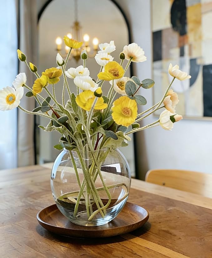 Poppy Artificial Flowers and Eucalyptus Stems, Fake White Yellow Stems for Vase, Silk Flowers Arrangement for Wedding Party Farmhouse Home Office Table Centerpieces Decorations
