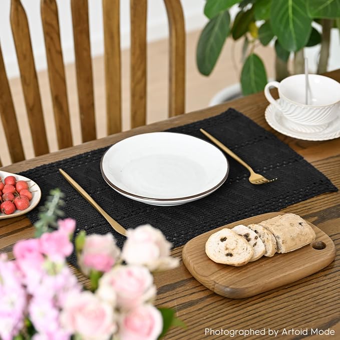 Artoid Mode Black Farmhouse Woven Rustic Hollow Placemats Set of 6,12x18 Inch Seasonal Holiday Table Mats Party Kitchen Dining Decoration