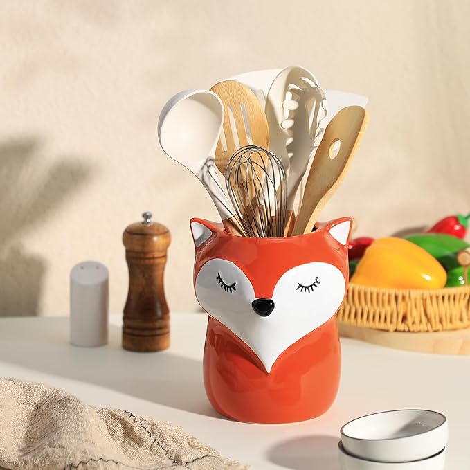 Ceramic Fox Cartoon Animal Pattern Kitchen Utensil Holder, Large Cooking Utensil Crocks for Kitchen Countertop, Cartoon Style Utensil Organizer