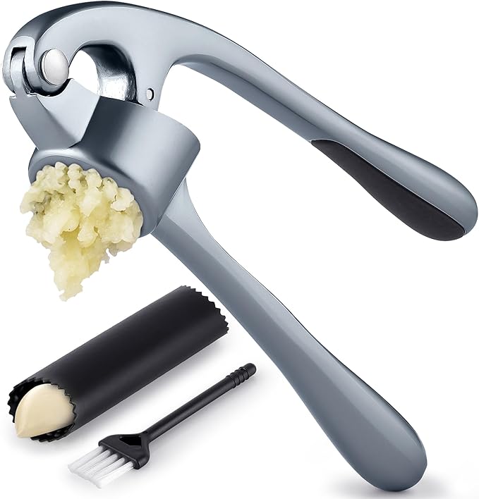 Zulay Kitchen Premium Garlic Press Set - Rust Proof Professional Garlic Mincer Tool - Easy-Squeeze, Easy-Clean with Soft, Ergonomic Handle - Silicone Garlic Peeler & Brush (Slate)