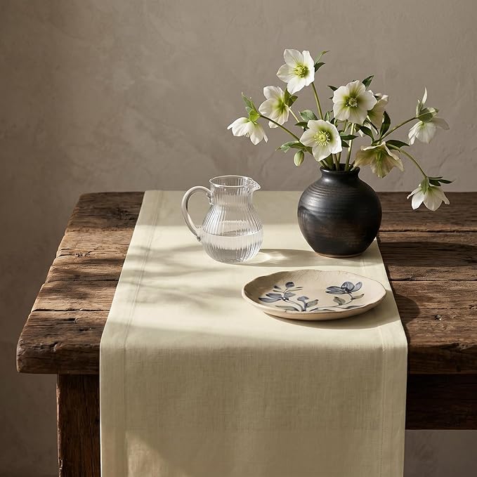 Solino Home Linen Birch Table Runner 36 Inches - 100% Pure Linen Short Table Runner 14 x 36 Inch Ideal for Dresser and Coffee Tables, Spring, Summer - Fete