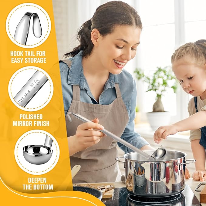 meekoo 1 Pieces Stainless Steel Ladle Soup Handle Ladle with Pouring Rim for Kitchen Cooking Soup Sauce (1 oz)