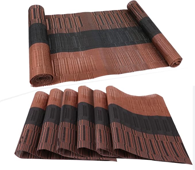 Placemats, Washable PVC Table Mats, Woven Vinyl Placemat for Dining Table Place Mats Set (6 placemats and 1 Table Runner, Black and Brown)