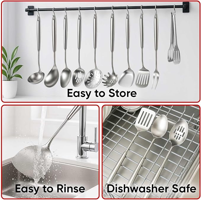 Newness 12 Pcs Cooking Utensils Set, 304 Stainless Steel Kitchen Utensils Set, Metal Kitchen Accessories, Include Soup Ladle, Slotted Skimmer Spoon, Spaghetti Spoon and Spatula, Dishwasher Safe