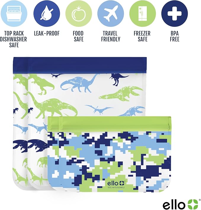 Ello 4 Pack Reusable Food Storage Bags, Resealable BPA-Free, Food-Safe PEVA, Feezer Safe and Leak-Proof