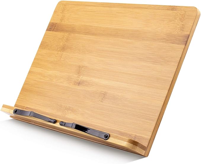 Large A+ (15.4 x 11) Inch XL Bamboo Book Stands & Holders for Reading Hands Free in Bed,Cookbook,Textbook,Law,with 6 Adjustable Height Document Stand