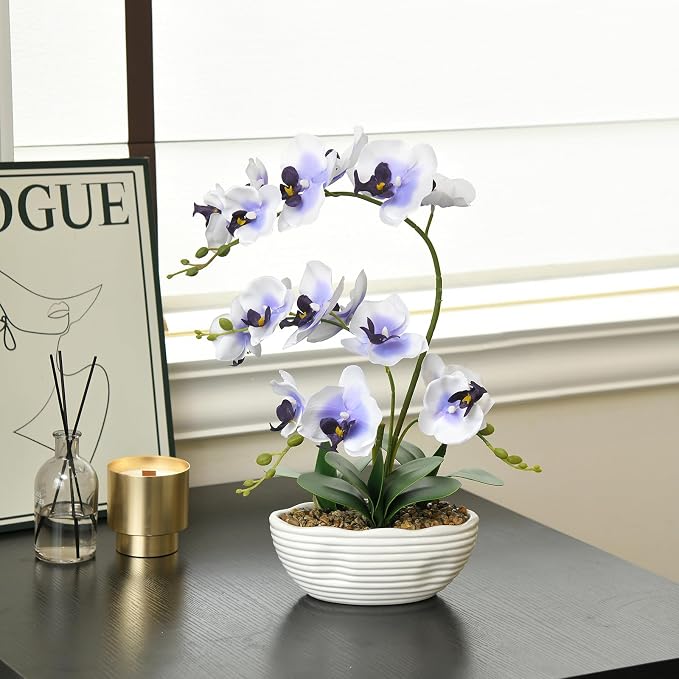 19" H Phalaenopsis Faux Orchid Plant Silk Orchid Centerpiece Artificial Floral Arrangement in Ceramic Pot (White and Purple)