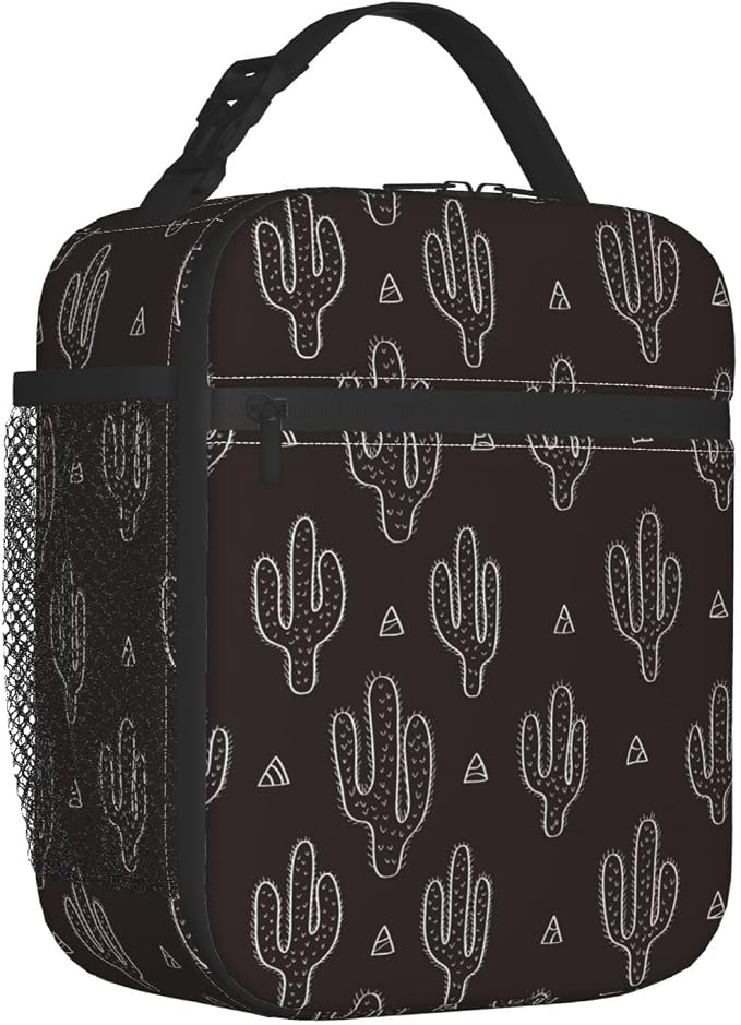 Black Cactus Fun Western Insulated Lunch Bag Portable Reusable Zipper Lunch Box For Men Women Work Picnic Travel Camping