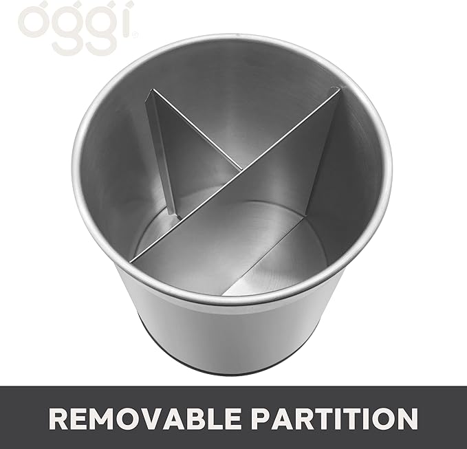 Oggi Jumbo Stainless Steel Rotating Utensil Holder with Removable Divider - Stylish kitchen cooking utensil organizer. Height 7.5".