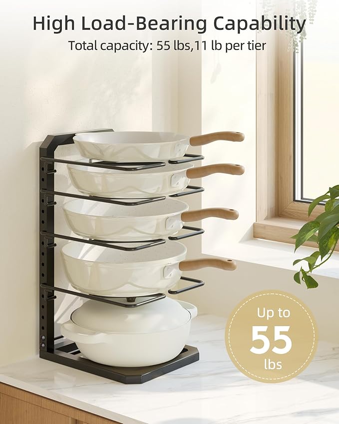 Pots and Pans Organizer under Cabinet, 5 Adjustable Tiers Heavy-Duty Pan Pot Organizer with 16.5" Height, Holds 55 LB - Cast Iron Skillets, Griddles, Shallow Cookware