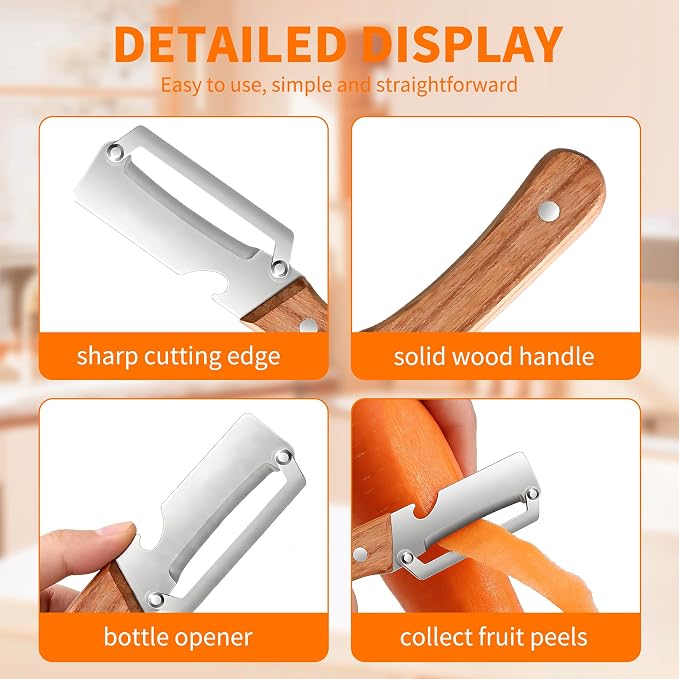 Multi-Functional Vegetable Peeler for Kitchen, Stainless Steel Sharp Blades Carrot Potato Peeler with Wooden Handle and Bottle Opener Kitchen Tool for Fruit Veggie Pumpkin Papaya Zucchini (1 Pcs)