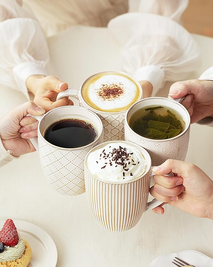 getstar Ceramic Coffee Mugs 12oz Set of 4, Pottery Coffee Tea Cup Set for Kitchen with Texture Patterns for Coffee, Tea, Hot Cocoa, Milk, Microwave and Dishwasher Safe