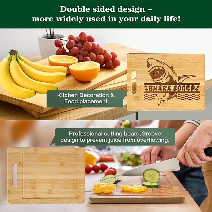 Bamboo Cutting Board for Kitchen, Heavy Duty Wood Shark Charcuterie Boards with Juice Groove, 100% Organic Bamboo, Pre Oiled, 13"