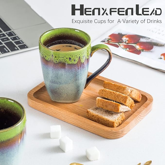 HENXFEN LEAD Coffee Mugs 10 Oz, Ceramic Cups with Large Handle for Coffee, Soup, Tea, Milk, Latte and Hot Cocoa, Mug Gift Set Microwave Oven Safe - Set of 4, Green