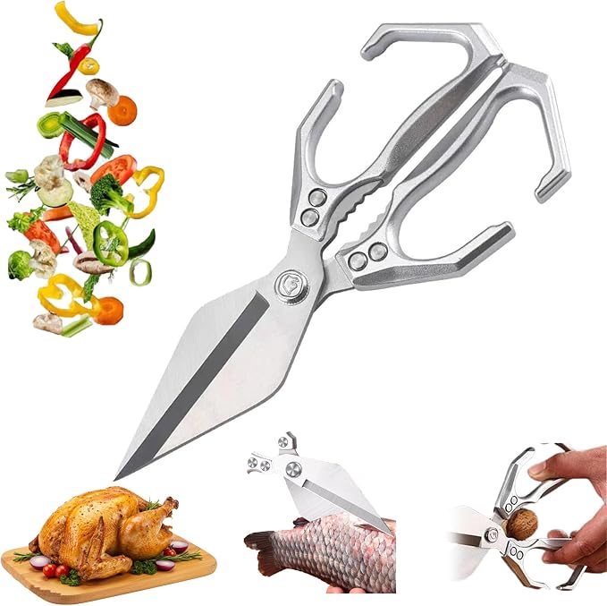 Multifunctional Heavy-Duty Kitchen Shears, New 2 in 1 Stainless Poultry Kitchen Scissors, Japanese High-Carbon Steel Culinary Shears for Chicken, Meat, Seafood, Bone Cutting, Walnuts(Silver) (Silver)