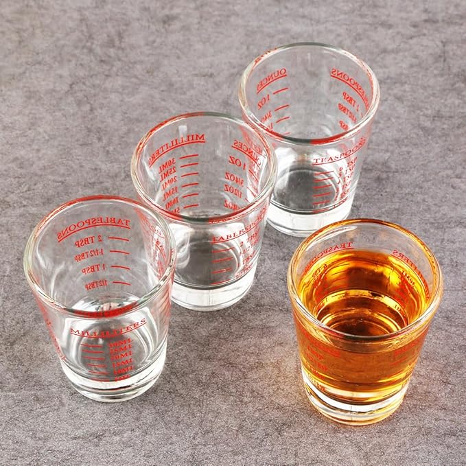 Set of 4 Red Shot Glasses - Heavy Glass, Perfect for Measuring Espresso, Wine, and More 26-Incremental Measurement 1oz, 6 Tsp, 2 Tbs, 30ml (4, Red)