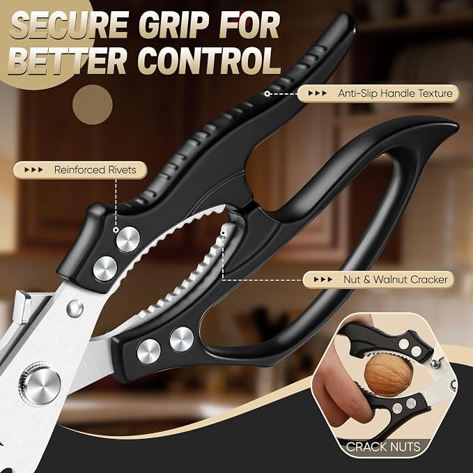 Huusk Heavy Duty Kitchen Shears Set – All Purpose Japanese Kitchen Scissors for Chicken, Meat, Fish, Vegetables & Pizza, Poultry Shears with Ergonomic Non-Slip Black Handle, Gifts for Women Men