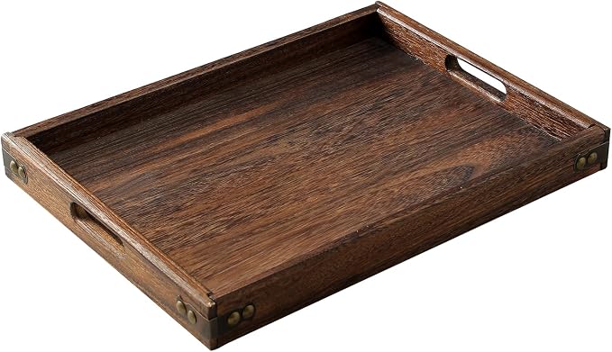 Wood Serving Tray with Handles,Farmhouse Wooden Tray for Ottoman,Decorative Serving Trays Platter for Breakfast in Bed,Lunch,Dinner,Appetizers,Patio, Coffee Table, BBQ,Party,Lap &Couch(16 Inches)