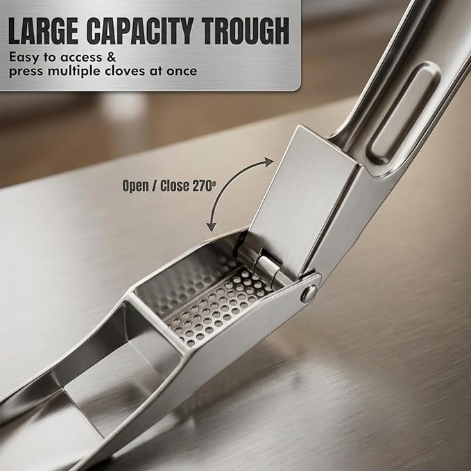 Premium Garlic Press Stainless Steel, Heavy Duty Mincer & Crusher Tool, Large Capacity Ginger Press and Masher, Easy Squeeze Presser, Rustproof Dishwasher Safe Kitchen Gadget