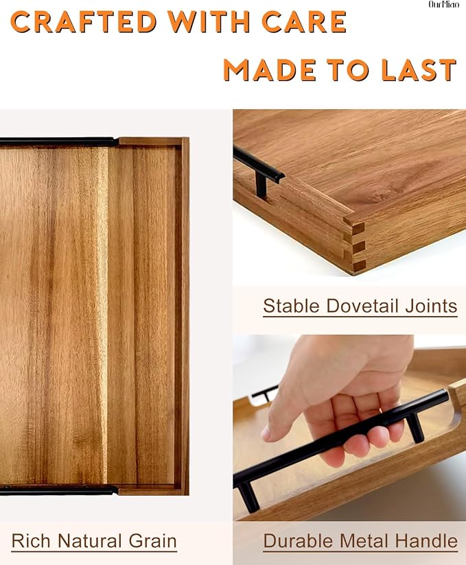 22" x 15.75" Acacia Wood Ottoman Serving Tray with Black Metal Handles | Large Rectangular Wooden Tray for Living Room, Kitchen, Coffee Table, Coffee Station, Party