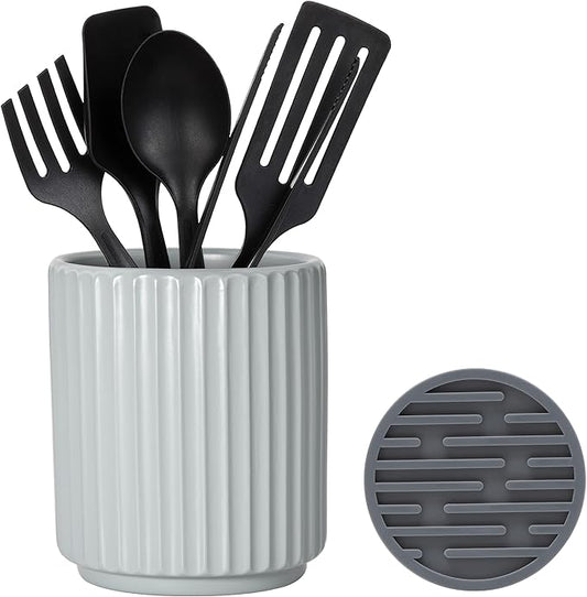 Small Utensil Holder for Kitchen Counter (H5.51” x W4.92”) Ceramic Countertop Utensil Holder for Kitchen Utensils Crock for Countertop Includes Silicone Drying Mat Light Cadetblue