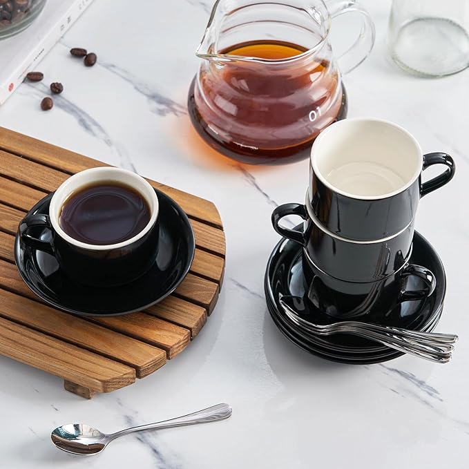 2.5oz Espresso Cups Set of 4, Demitasse Cups and Saucers with Spoons for 4, Expresso Shot Cups for Espresso Machine-Black