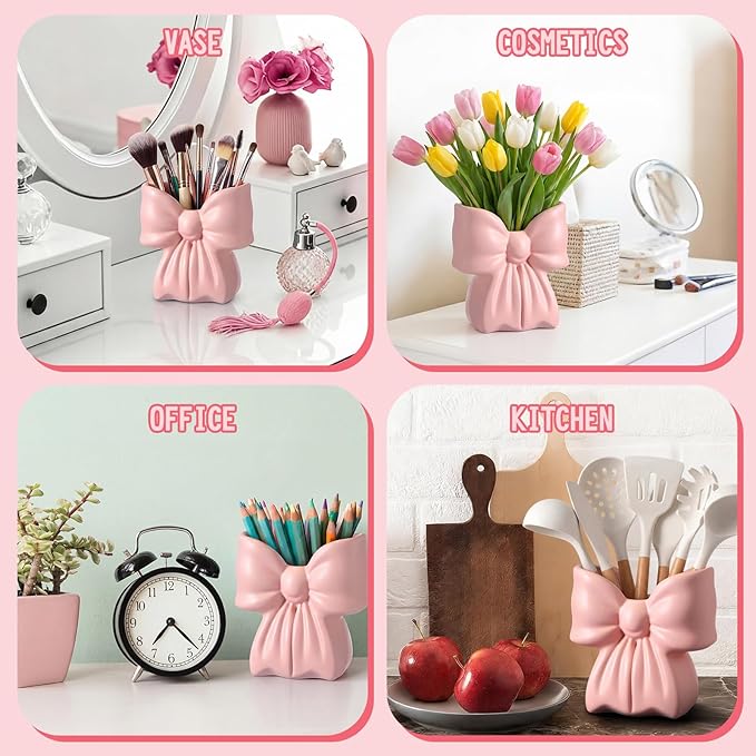 Hushee Pink Bow Ceramic Utensil Holder Cute 3D Coquette Utensil Crock 5.9" Modern Kitchen Counter Organizer Decorative Flower Vase for Home Decor Housewarming Gift